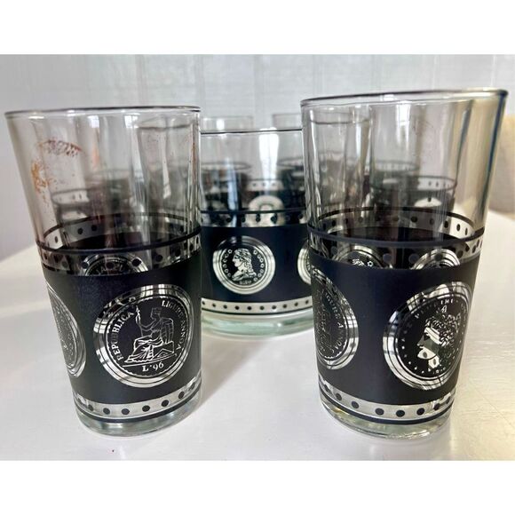Vtg Hazel Atlas Coins Of the World 8 Glasses, Ice Bucket Black Gold & Caddy MCM - Picture 6 of 16